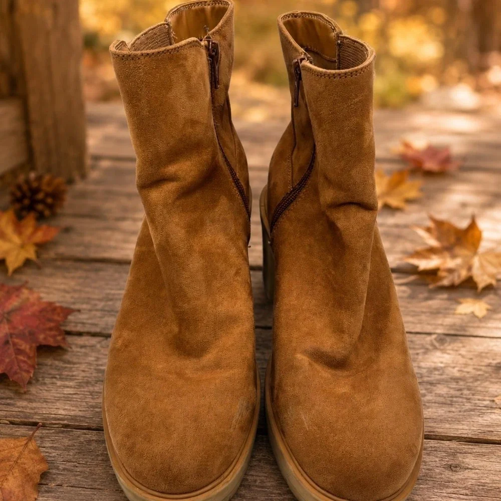 Universal Thread Women's Tan Faux Suede Ankle Boots Side Zip Comfort Boots 9.5